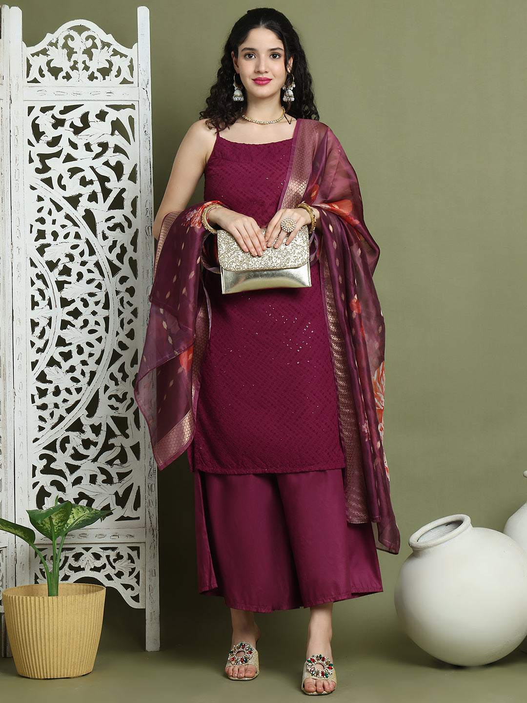 Backless Designer Kurta Palazzo Set with Floral Dupatta ( JOKPL 2137P D66P 1577 Purple )
