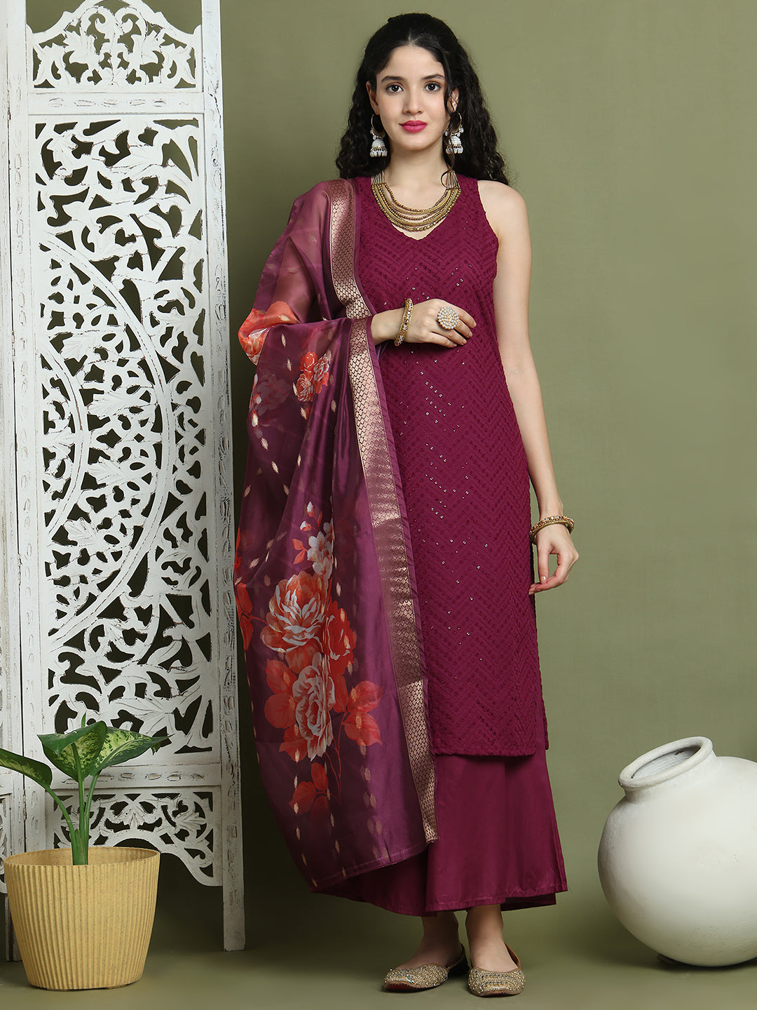 Embroidered Rayon Kurta Palazzos With dupatta ( JOKPL 2137P D66P 1579 Purple )