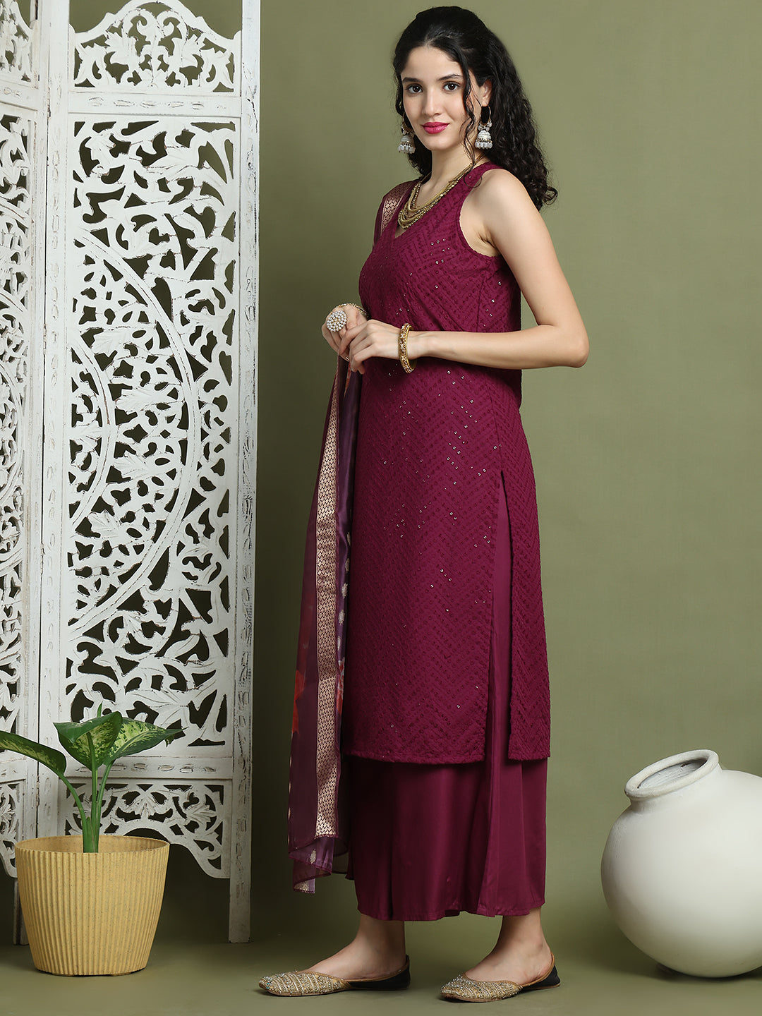 Embroidered Rayon Kurta Palazzos With dupatta ( JOKPL 2137P D66P 1579 Purple )