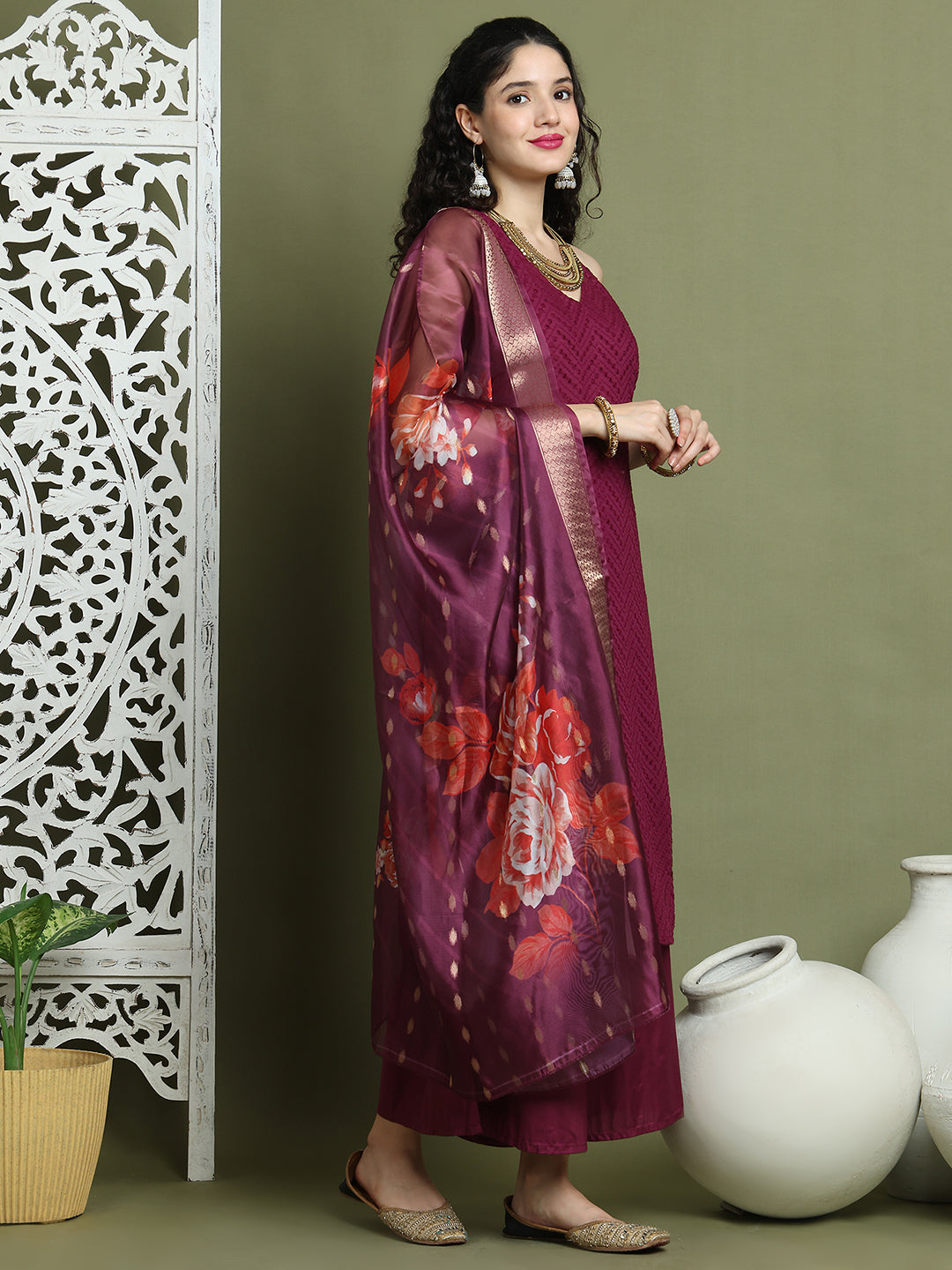 Embroidered Rayon Kurta Palazzos With dupatta ( JOKPL 2137P D66P 1579 Purple )