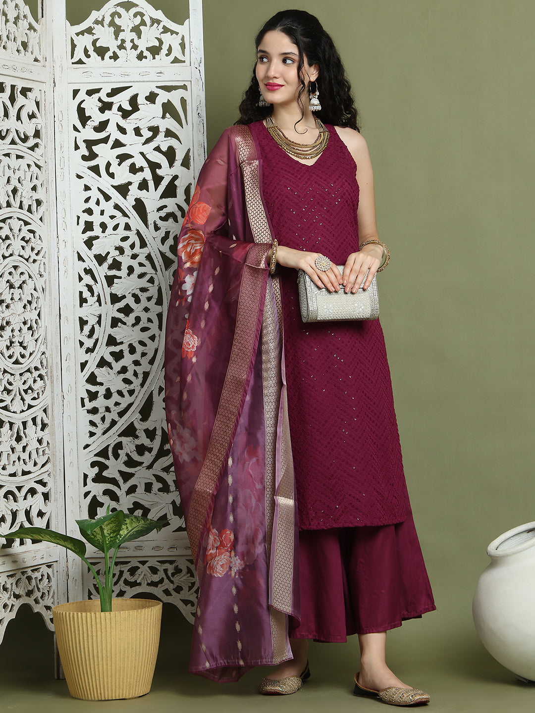 Embroidered Rayon Kurta Palazzos With dupatta ( JOKPL 2137P D66P 1579 Purple )
