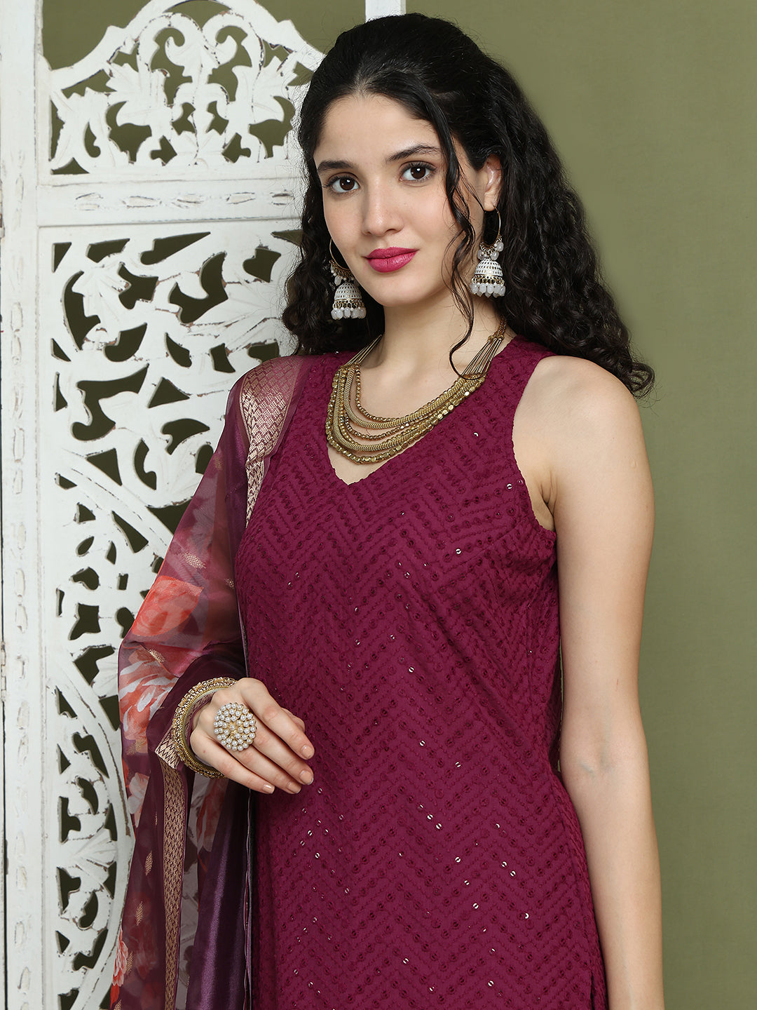 Embroidered Rayon Kurta Palazzos With dupatta ( JOKPL 2137P D66P 1579 Purple )