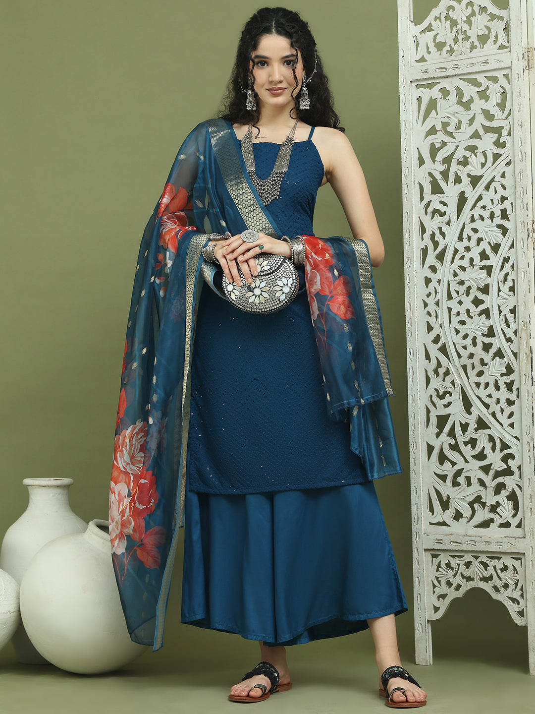 Backless Designer Kurta Palazzo Set with Floral Dupatta ( JOKPL 2137Pe D66Pe 1577 Peacock )