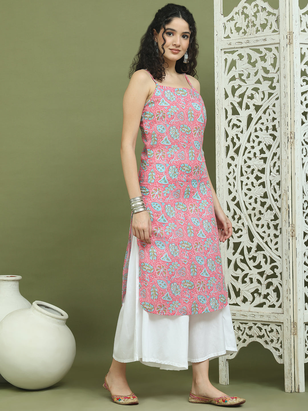 Women's Floral Printed Rayon Kurta ( JOK 1578 Pink )