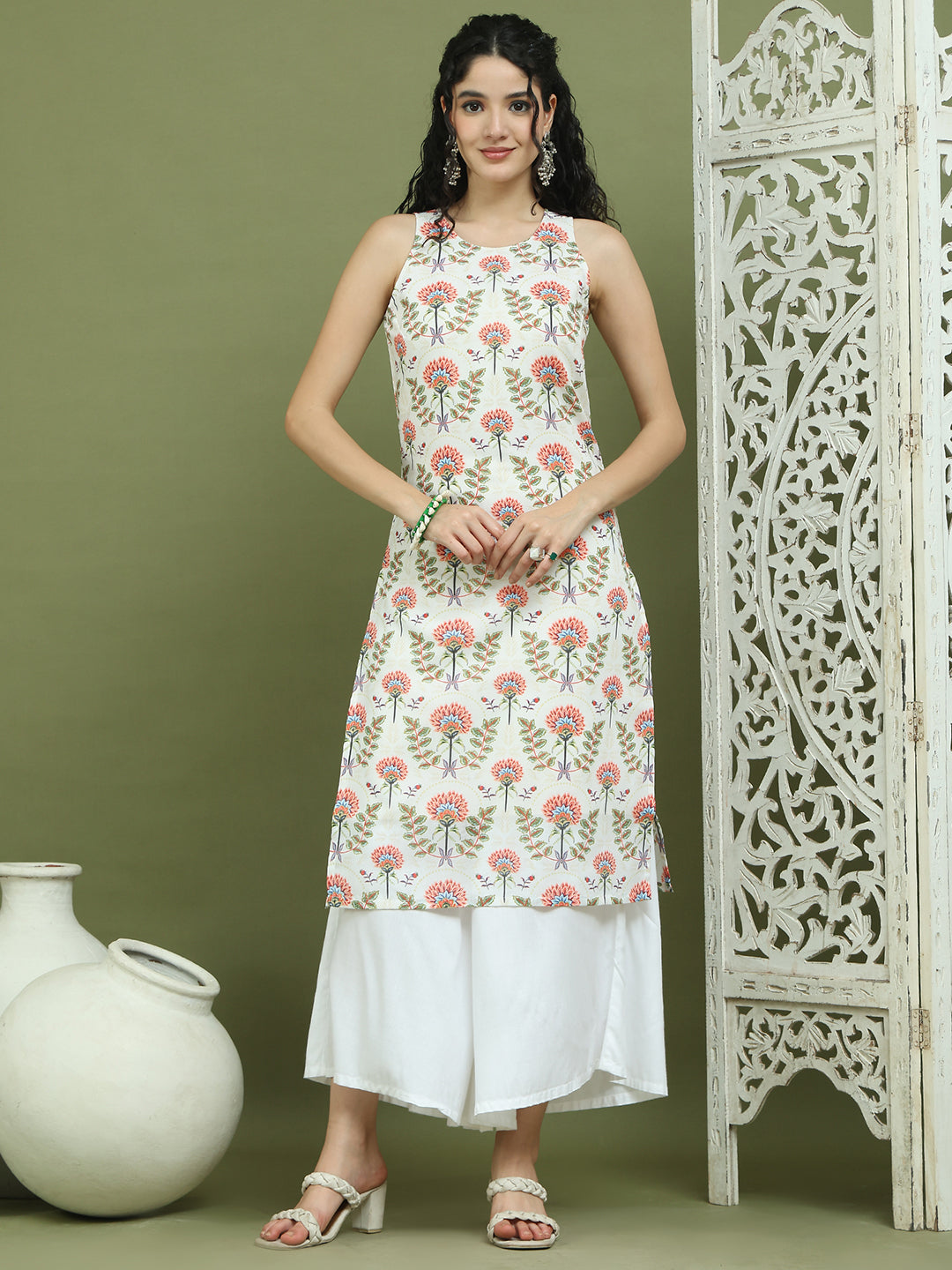 Printed Rayon Kurta for Women ( JOK 1580 Ivory )