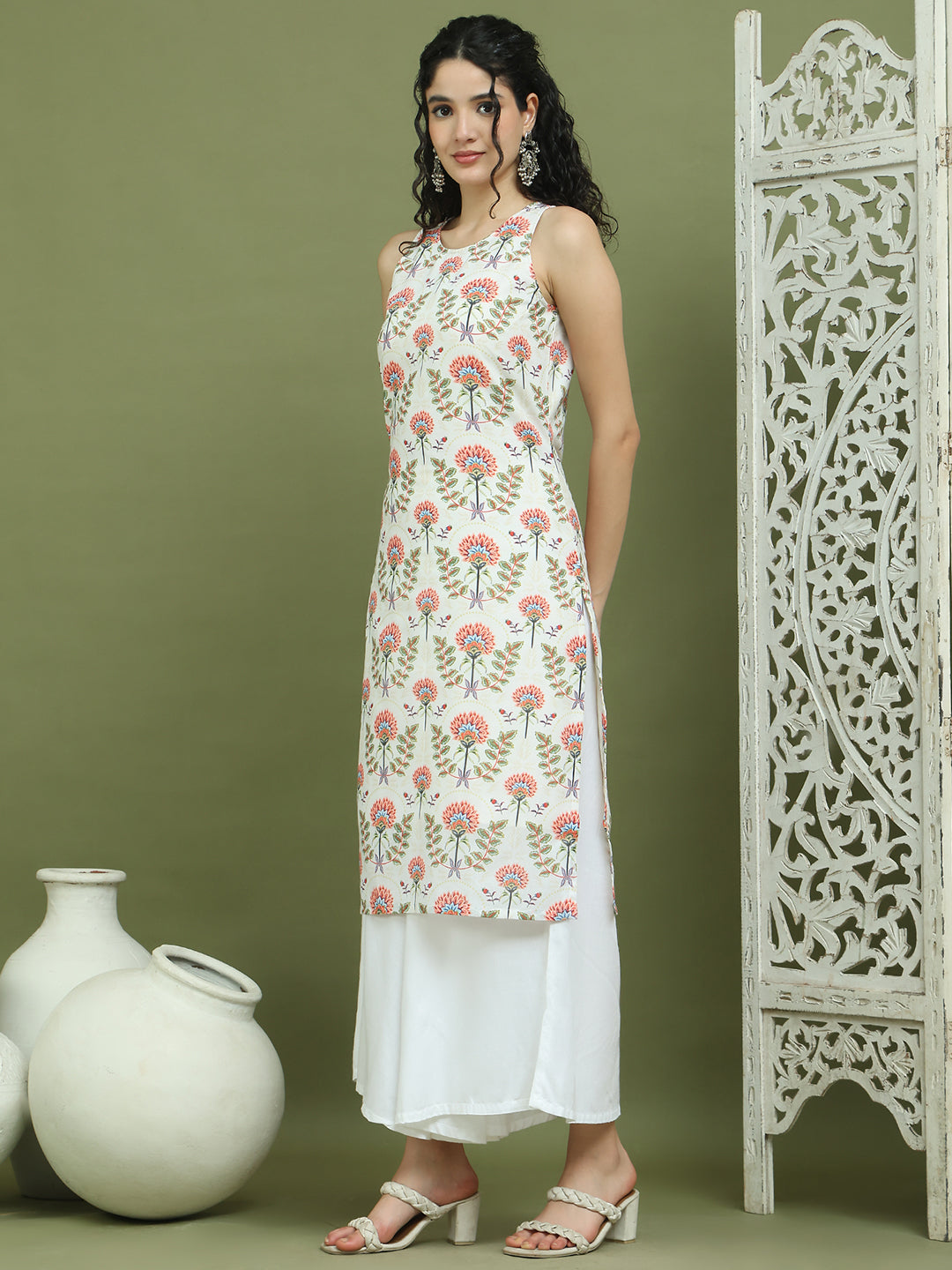 Printed Rayon Kurta for Women ( JOK 1580 Ivory )