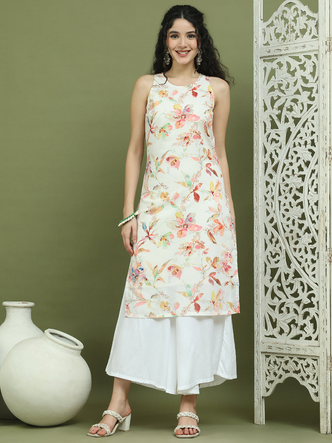 Printed Rayon Kurta for Women ( JOK 1580 White )