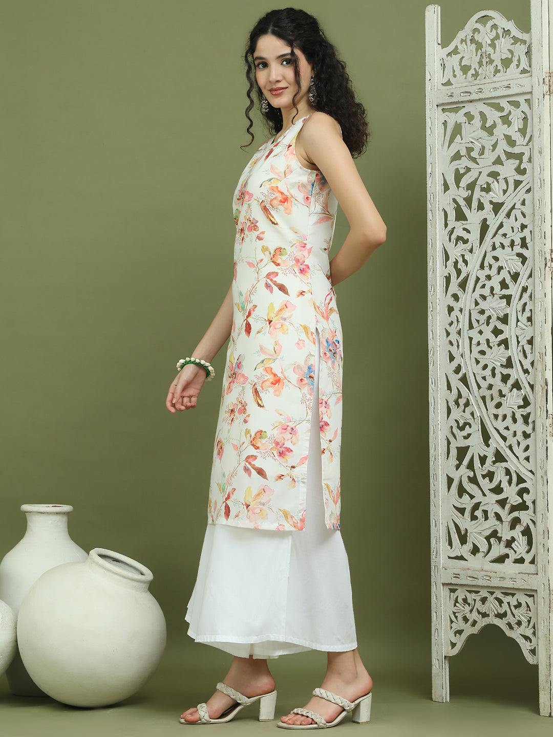 Printed Rayon Kurta for Women ( JOK 1580 White )