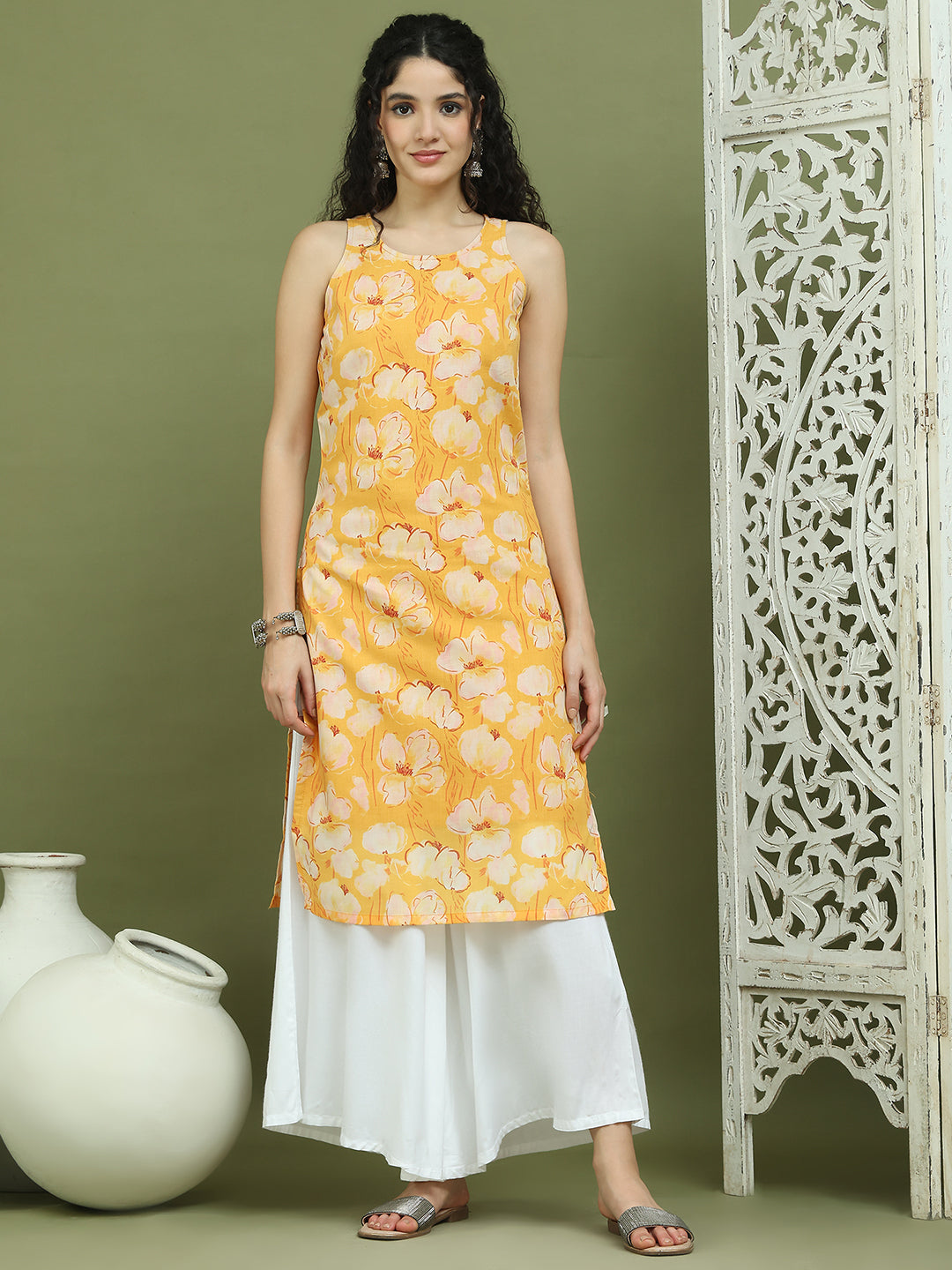 Printed Rayon Kurta for Women ( JOK 1580 Yellow )