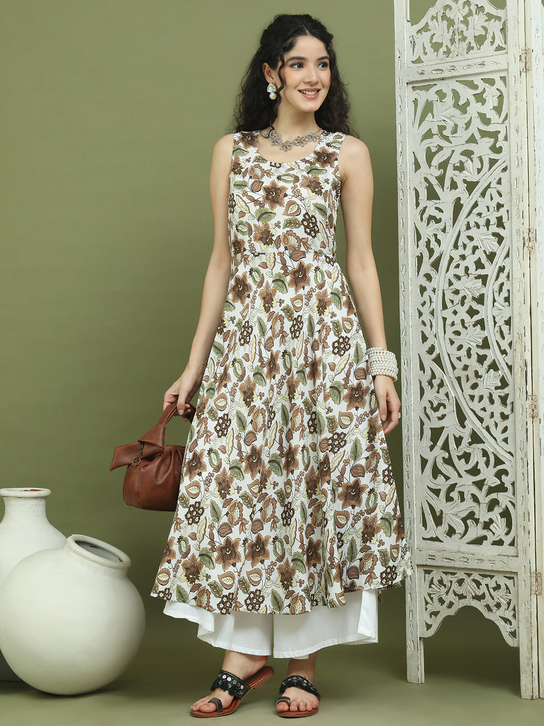 Foil Printed flared kurta pallazos set ( JOKPL 2137W 1581 Brown )