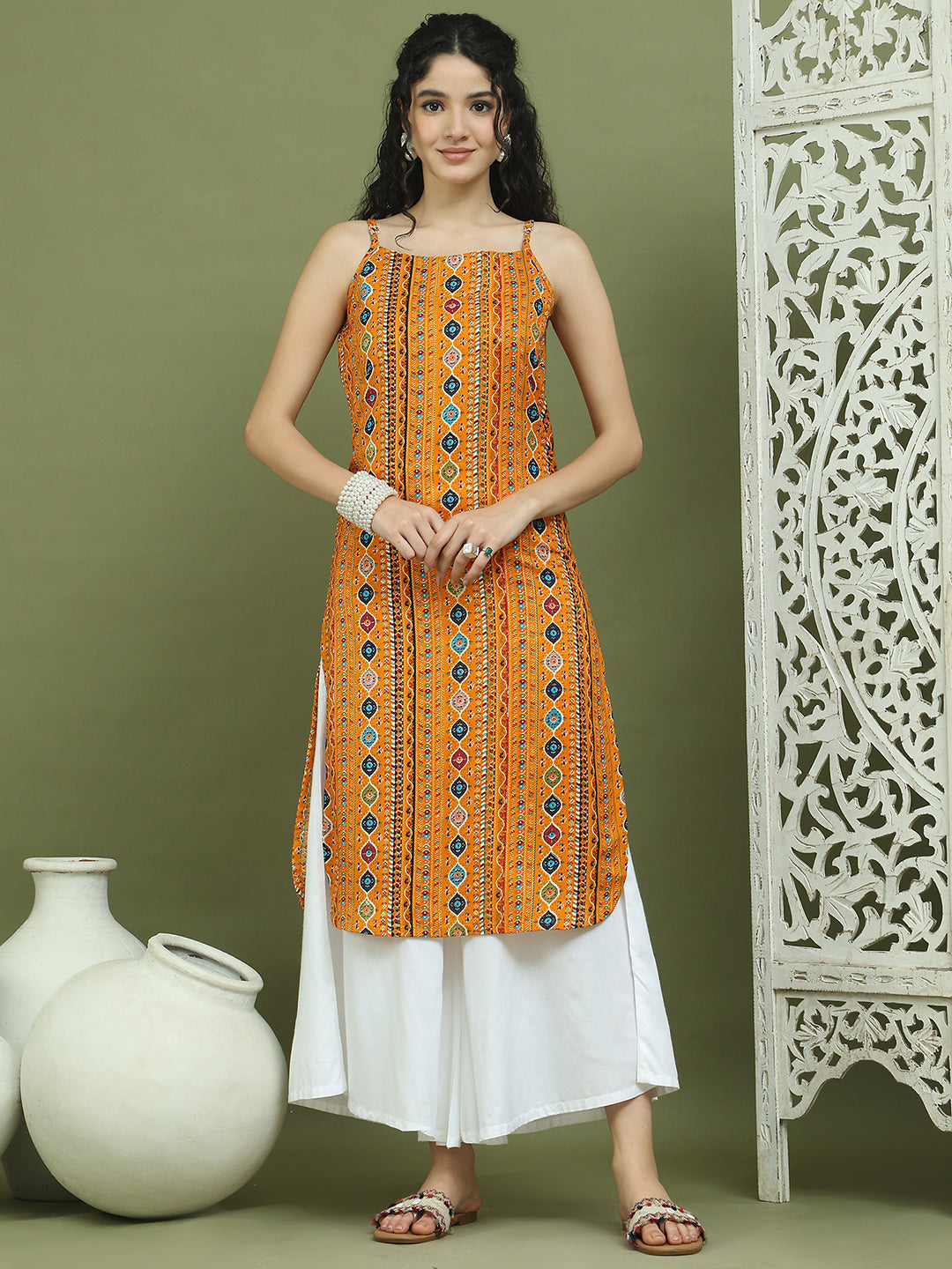 Foil Printed Rayon Kurtas for Women ( JOK 1583 Mustard )