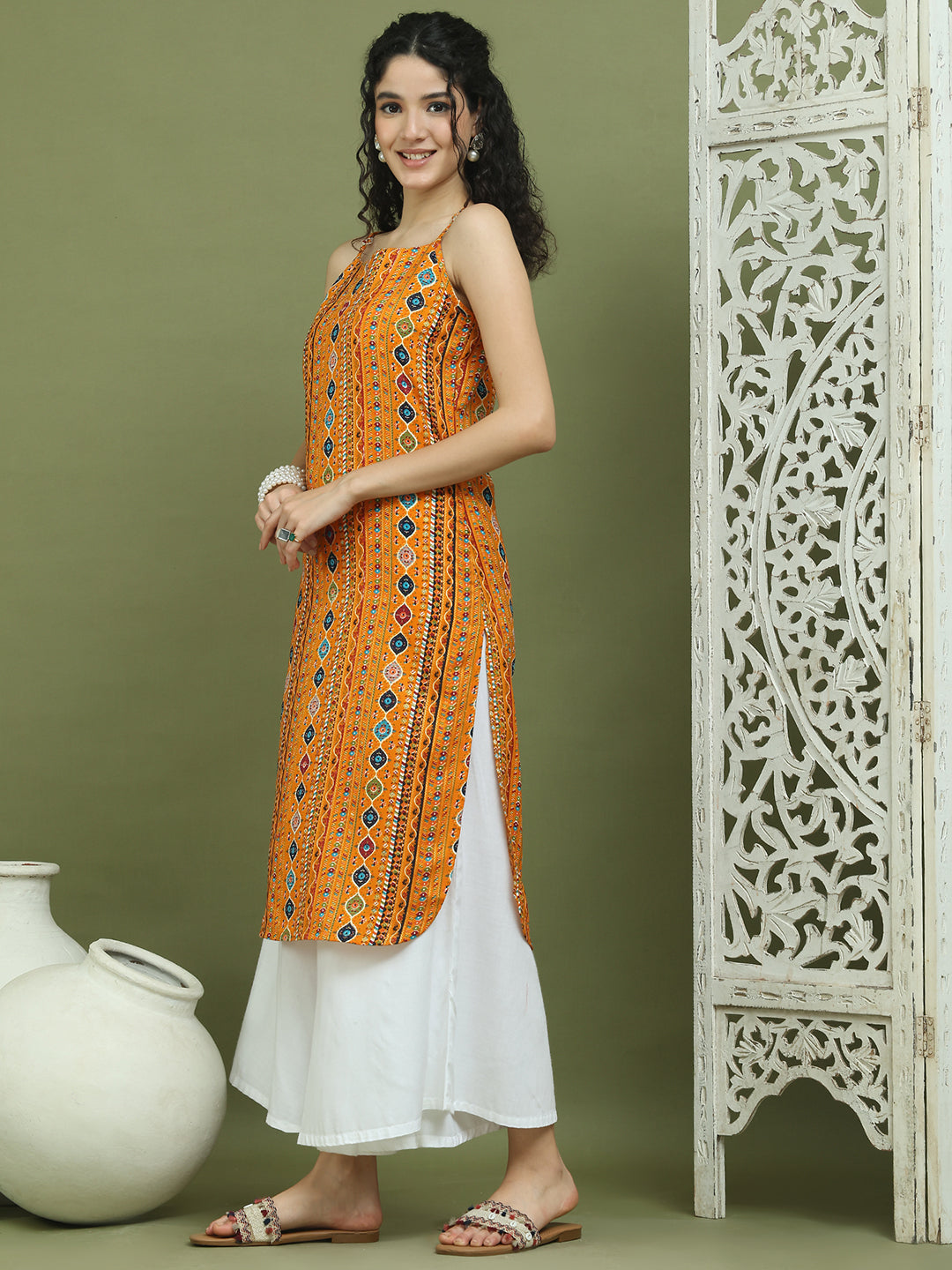 Foil Printed Rayon Kurtas for Women ( JOK 1583 Mustard )