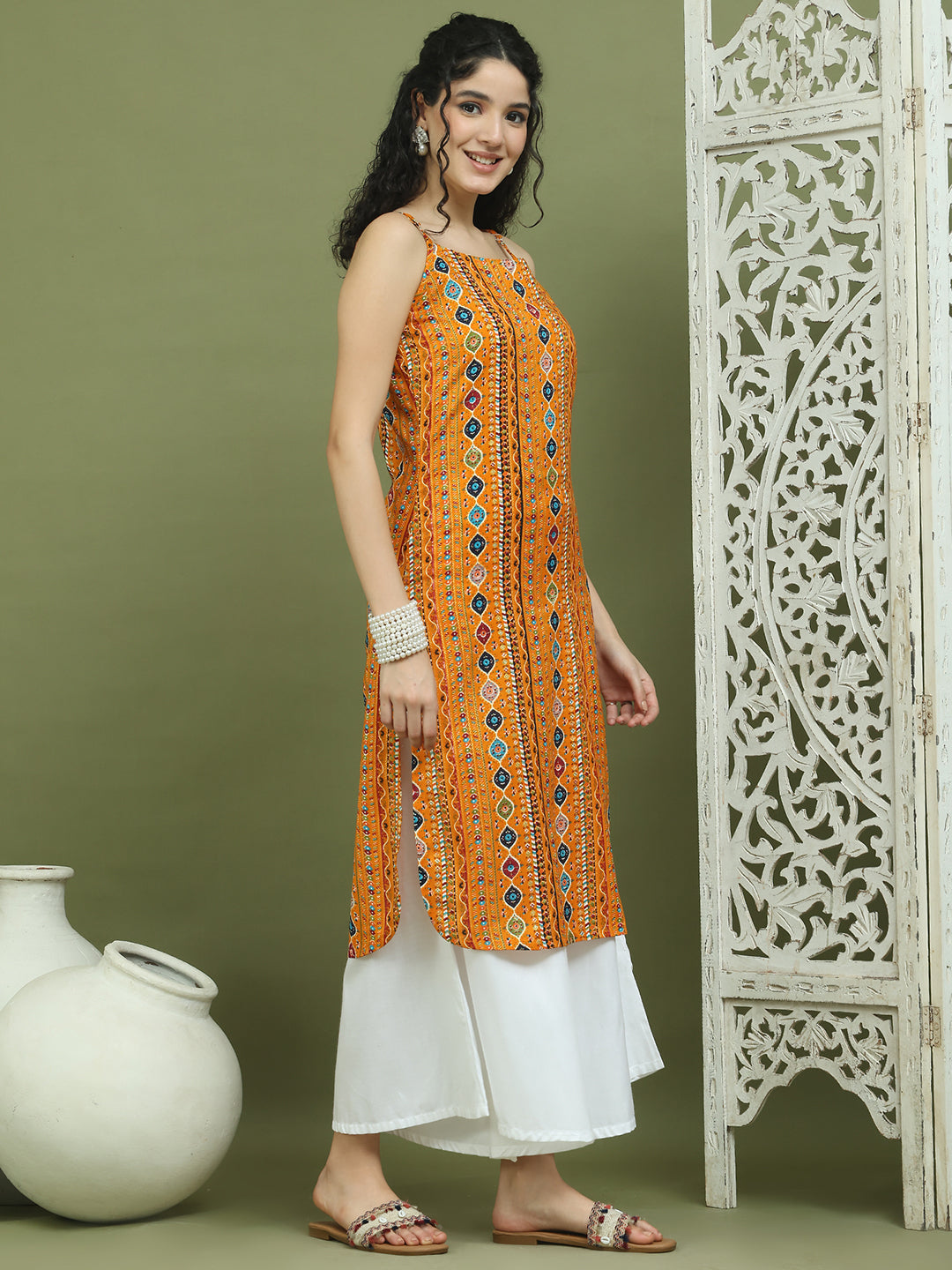 Foil Printed Rayon Kurtas for Women ( JOK 1583 Mustard )