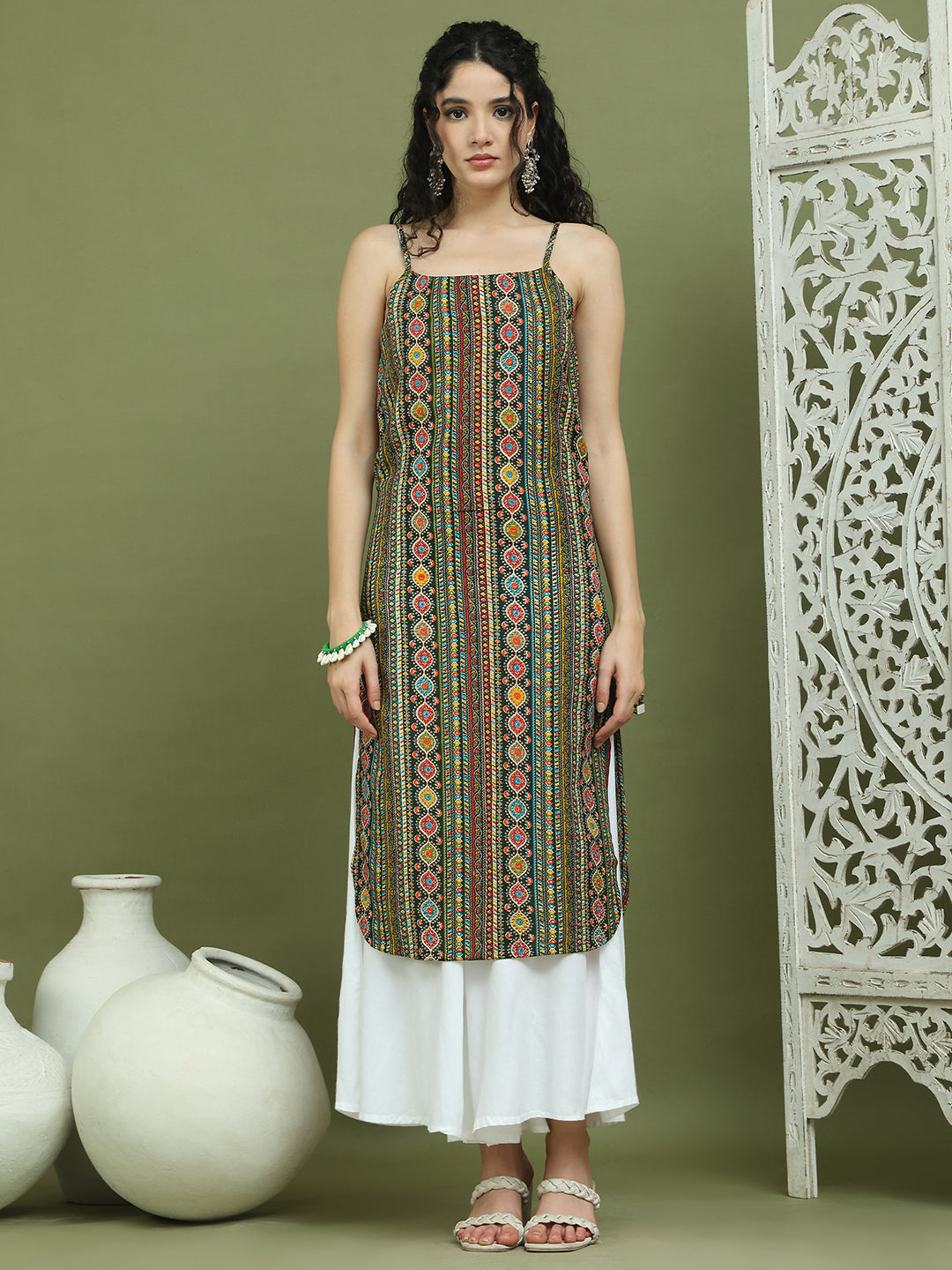 Foil Printed Rayon Kurtas for Women ( JOK 1583 Olive )