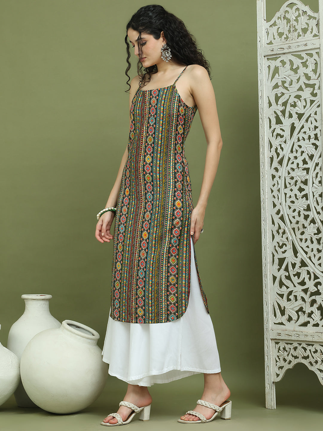 Foil Printed Rayon Kurtas for Women ( JOK 1583 Olive )