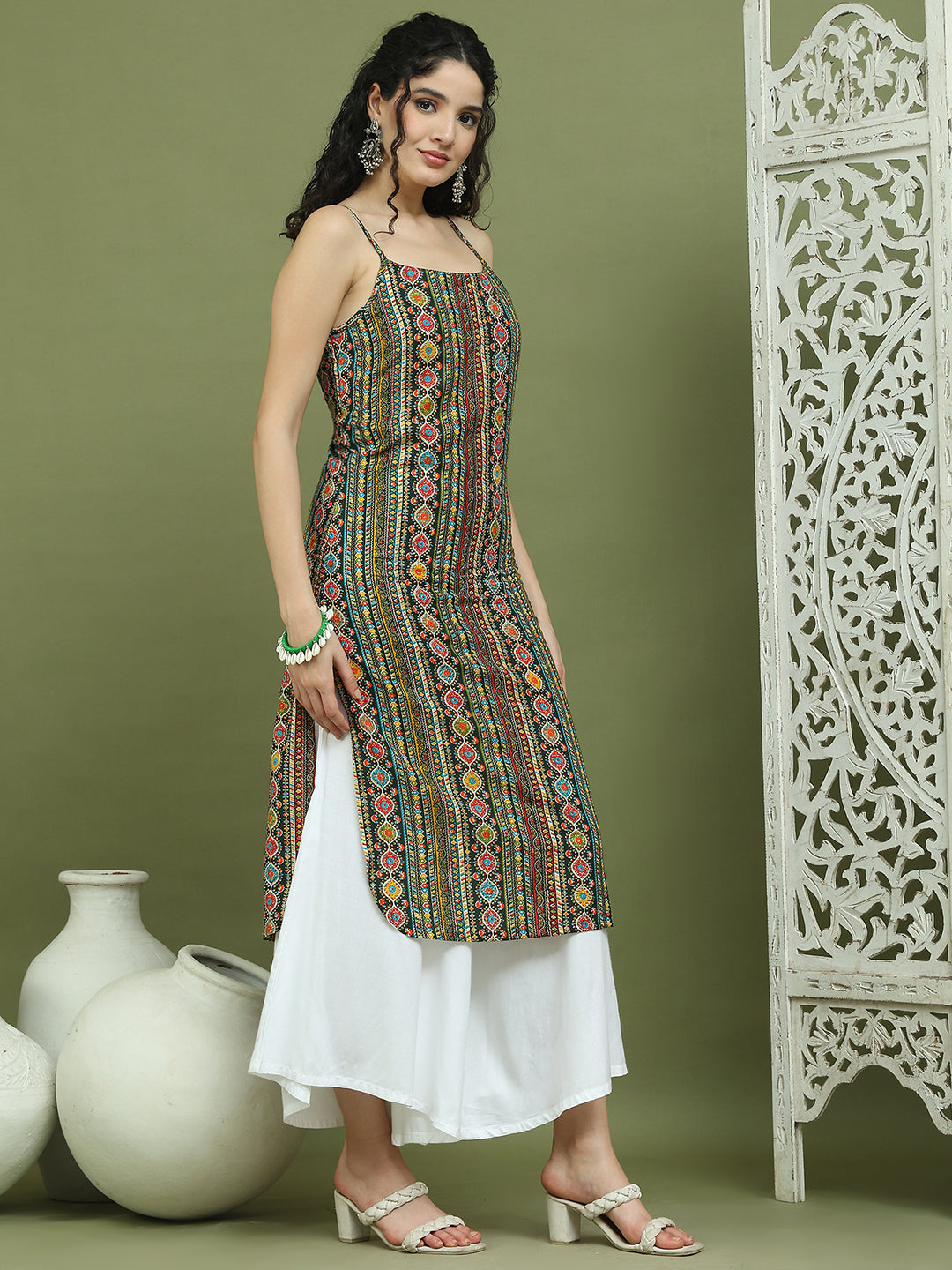 Foil Printed Rayon Kurtas for Women ( JOK 1583 Olive )