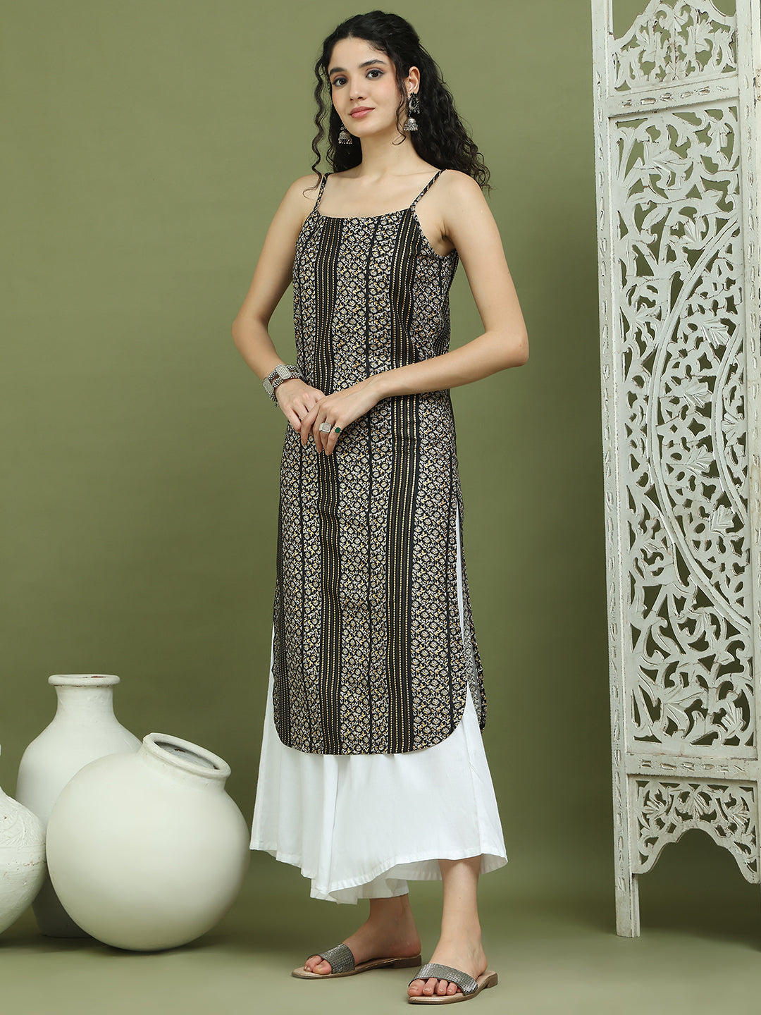 Foil Printed Rayon Kurtas for Women ( JOK 1586 Black )