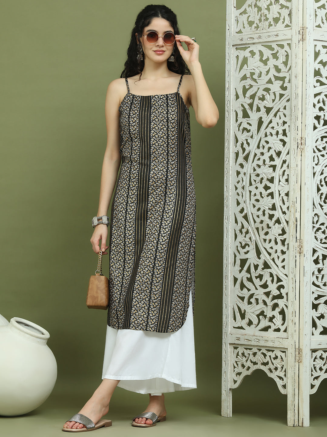 Foil Printed Rayon Kurtas for Women ( JOK 1586 Black )