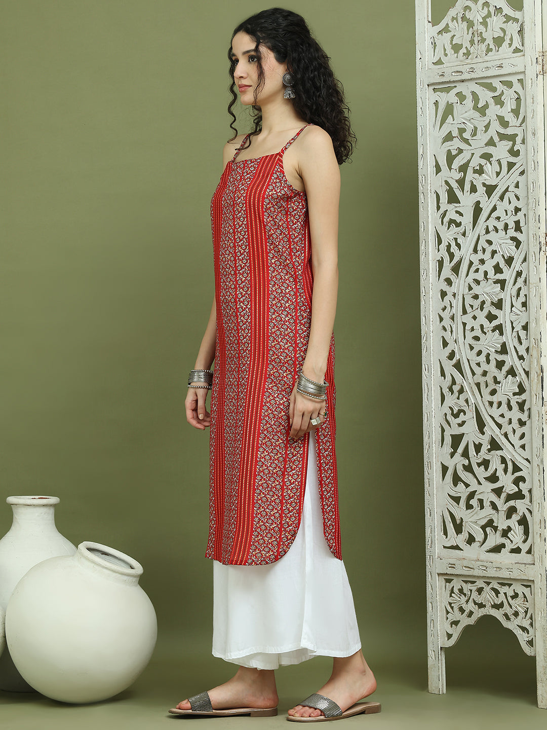 Foil Printed Rayon Kurtas for Women ( JOK 1586 Red )