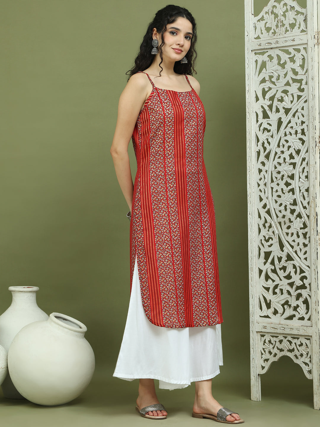 Foil Printed Rayon Kurtas for Women ( JOK 1586 Red )