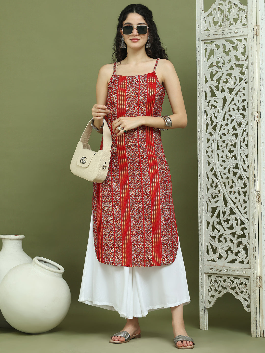 Foil Printed Rayon Kurtas for Women ( JOK 1586 Red )