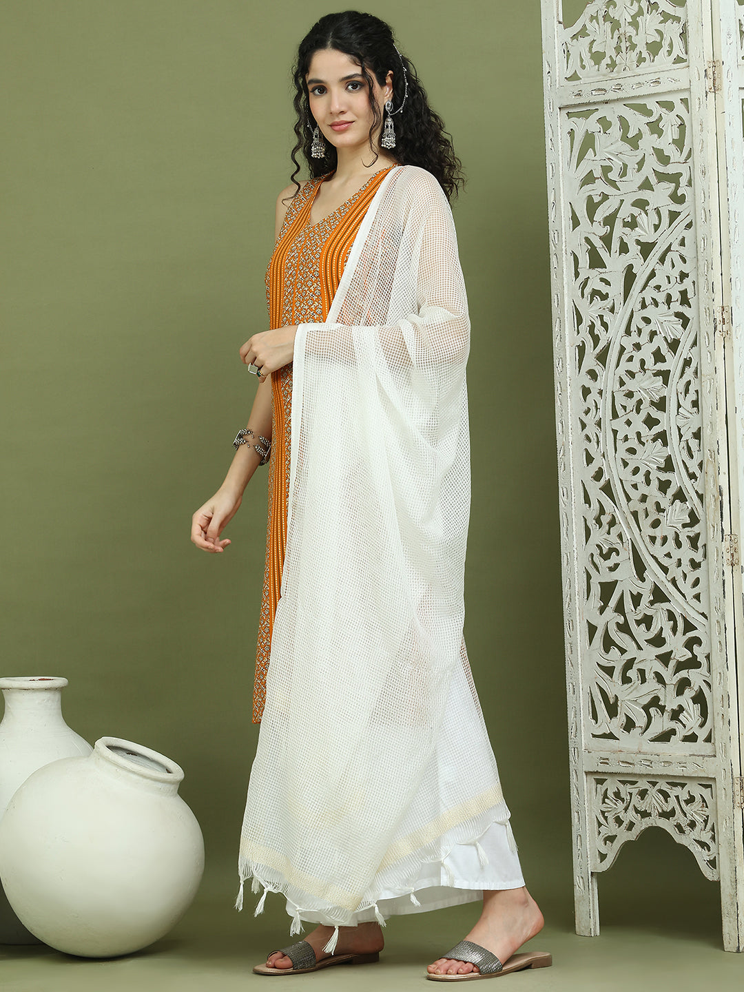 Foil Printed Rayon Kurta Palazzos & Dupatta for Women ( JOKPL 2137W D31W 1575 Yellow )