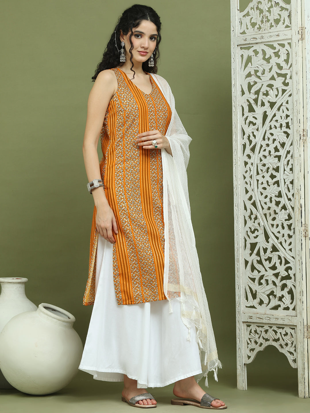 Foil Printed Rayon Kurta Palazzos & Dupatta for Women ( JOKPL 2137W D31W 1575 Yellow )