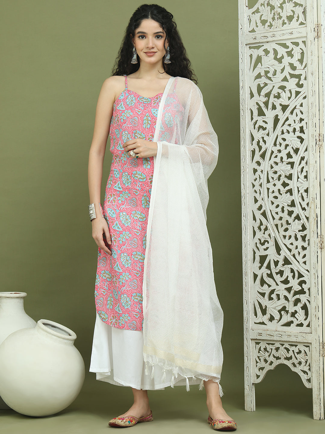 Floral Printed Rayon Kurta Palazzos with Dupatta ( JOKPL 2137W D31W 1578 Pink )