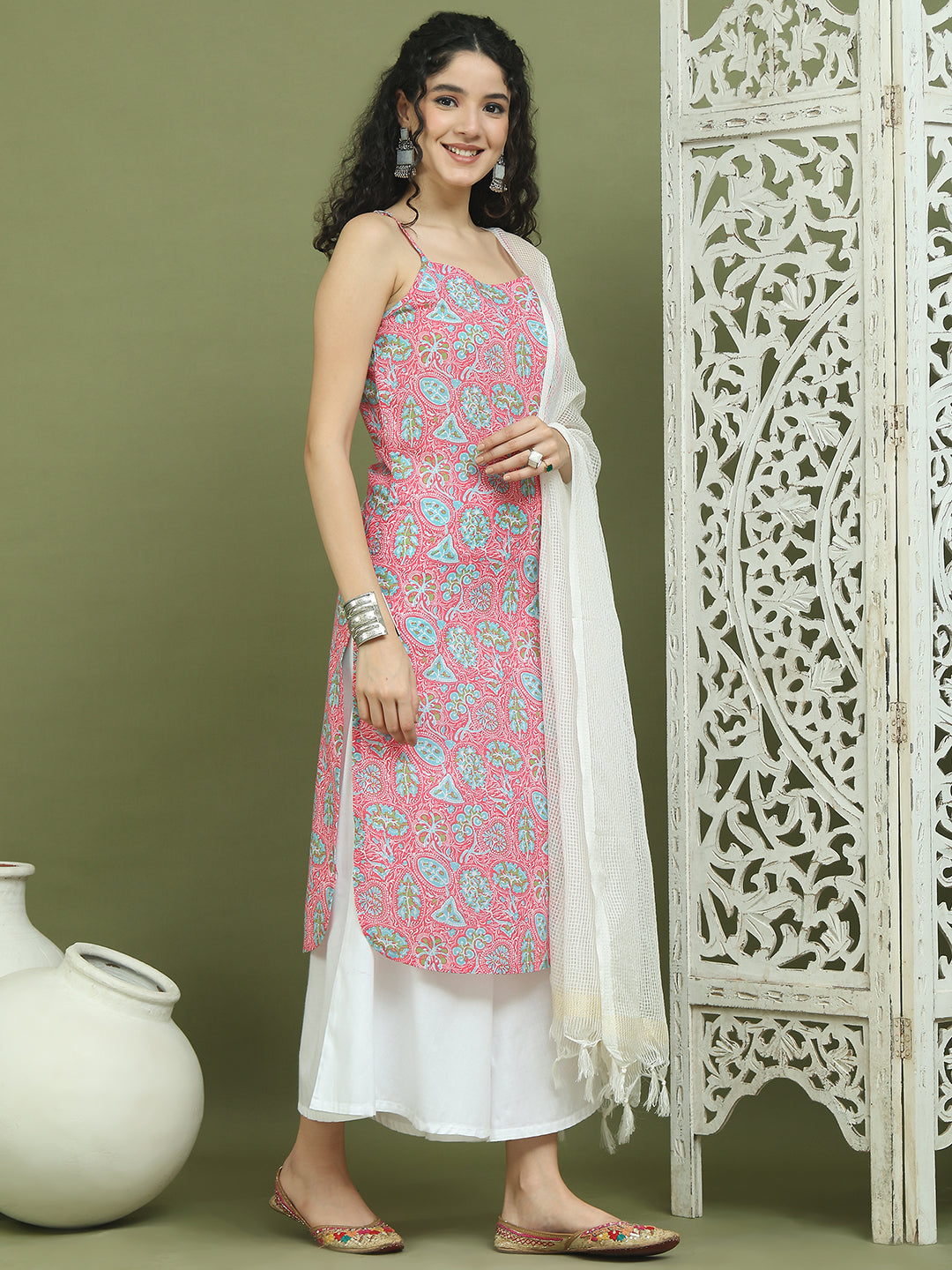 Floral Printed Rayon Kurta Palazzos with Dupatta ( JOKPL 2137W D31W 1578 Pink )