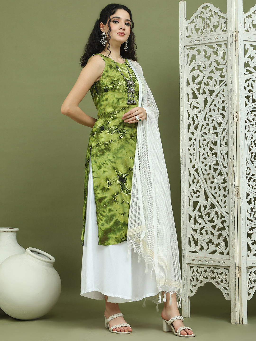 Printed Rayon Kurta Palazzo & Dupatta ( JOKPL 2137W D31W 1580 Olive )