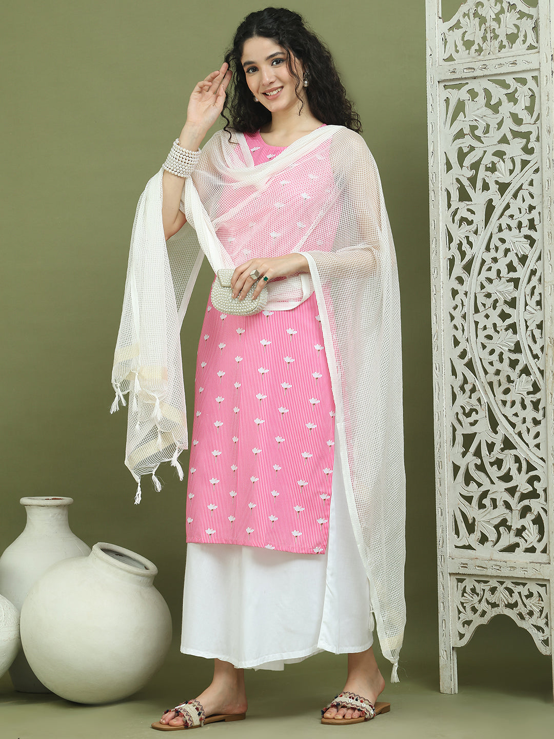 Printed Rayon Kurta Palazzo & Dupatta ( JOKPL 2137W D31W 1580 Pink )