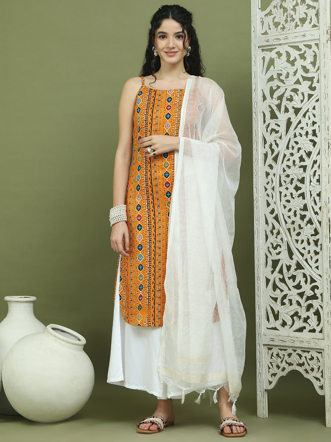 Foil Printed Rayon Kurta Palazzos With Dupatta ( JOKPL 2137W D31W 1583 Mustard )
