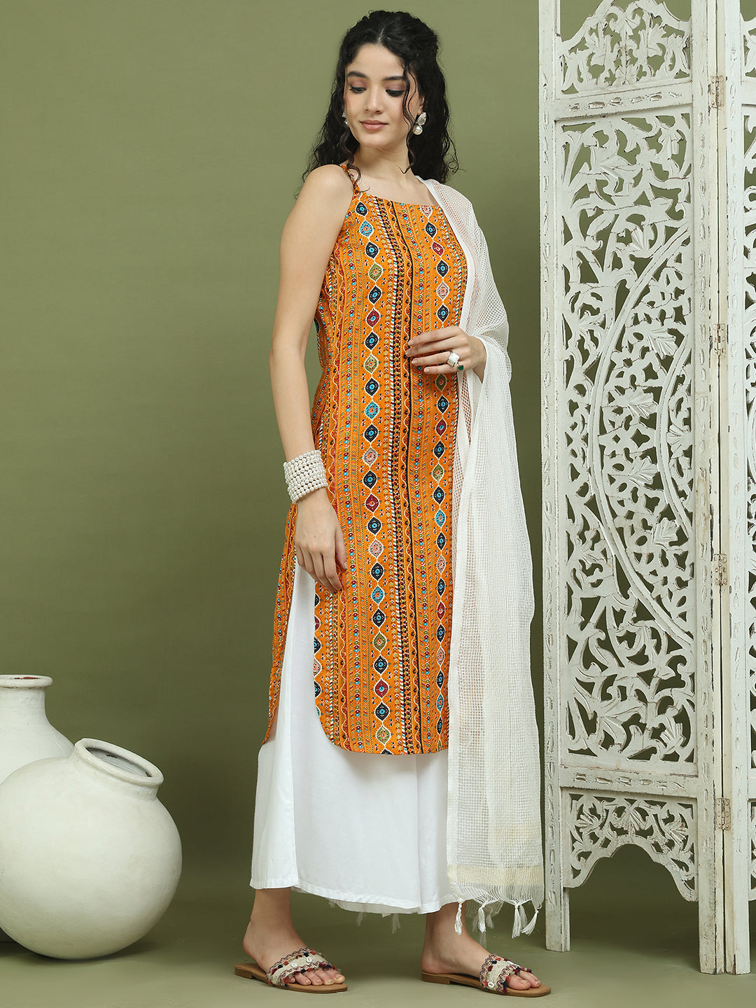 Foil Printed Rayon Kurta Palazzos With Dupatta ( JOKPL 2137W D31W 1583 Mustard )