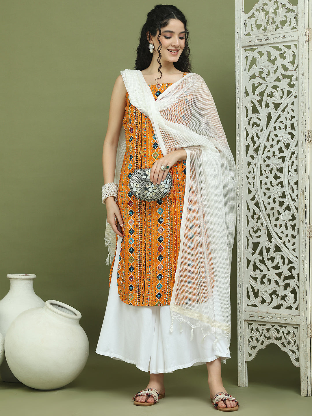Foil Printed Rayon Kurta Palazzos With Dupatta ( JOKPL 2137W D31W 1583 Mustard )