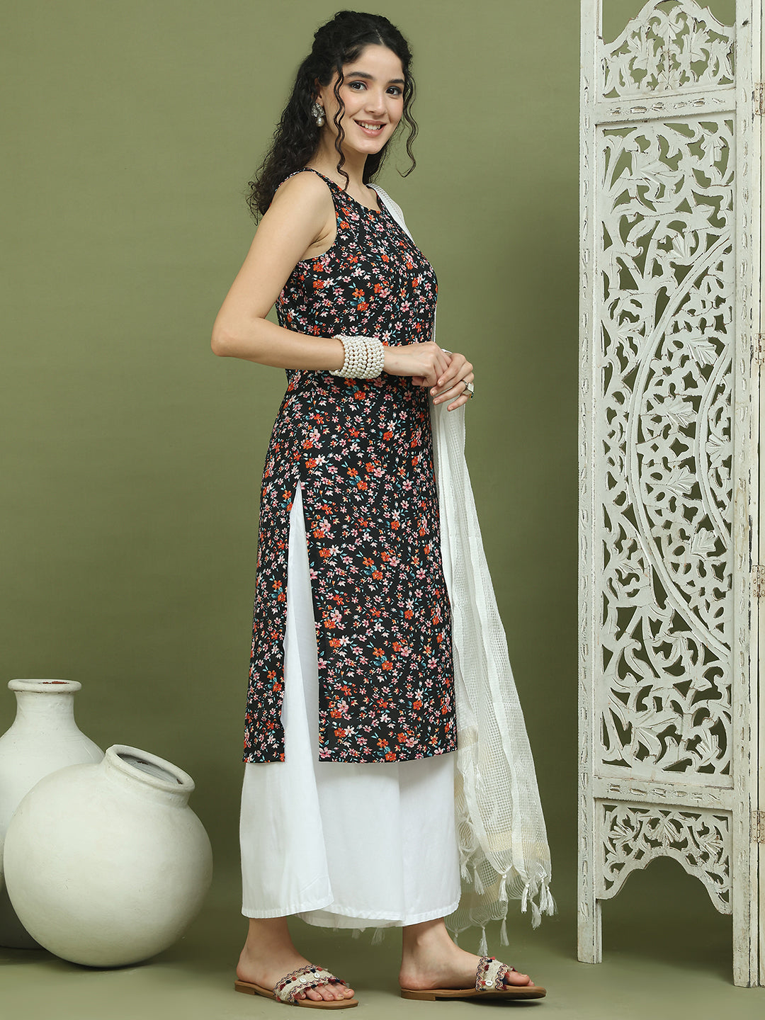 Floral Printed Rayon Kurta Palazzo Set ( JOKPL 2137W D31W 1584 Black )