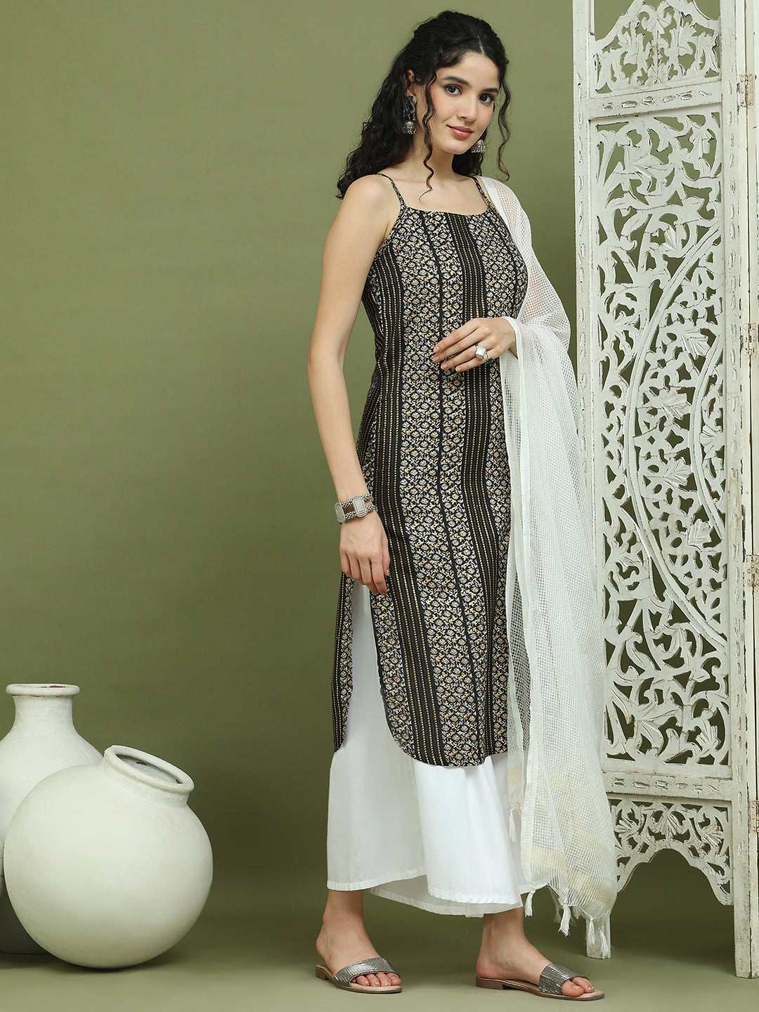 Foil Printed Rayon Kurta Palazzo Dupatta ( JOKPL 2137W D31W 1586 Black )
