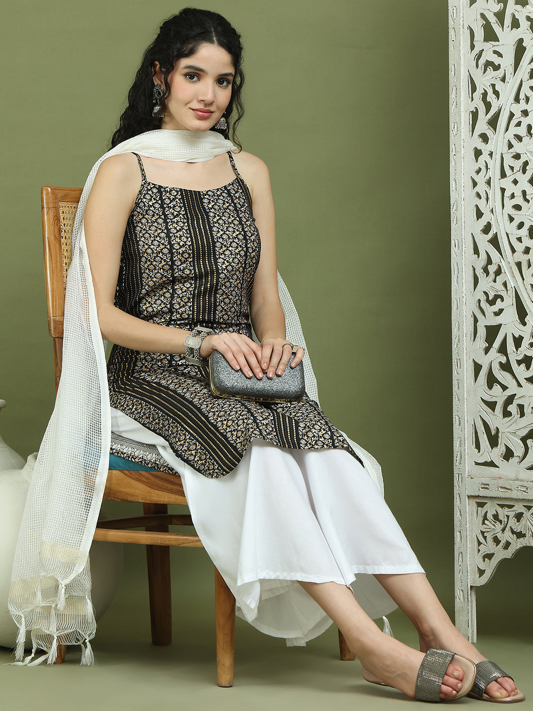 Foil Printed Rayon Kurta Palazzo Dupatta ( JOKPL 2137W D31W 1586 Black )