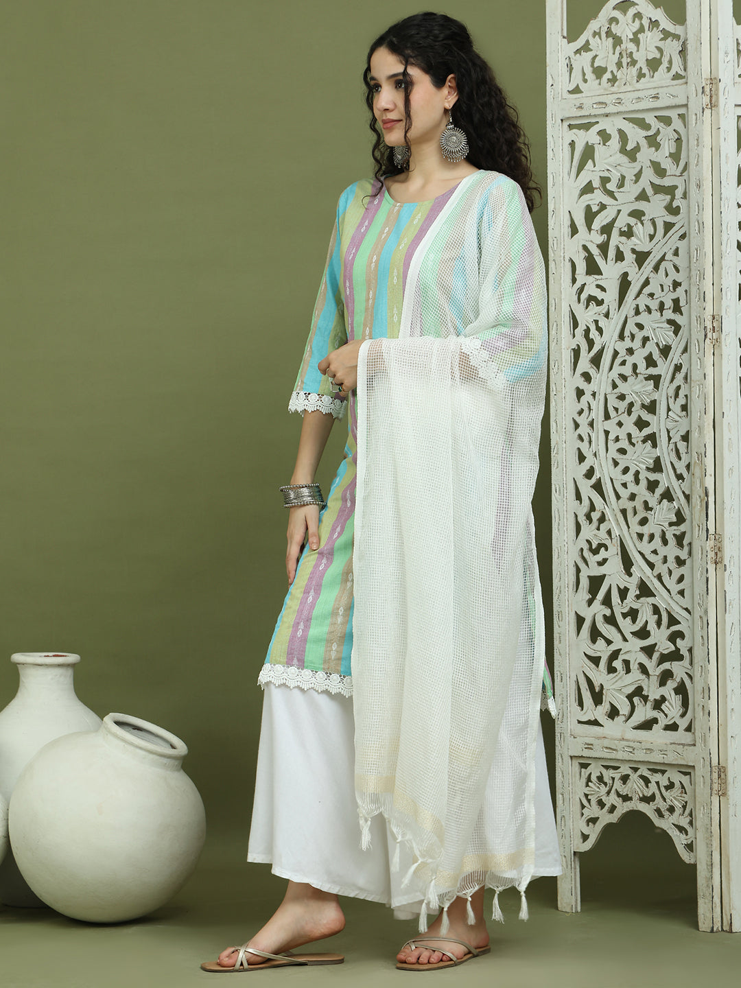 Lace Work, Woven Design straight Kurta Palazzo Dupatta Set ( JOKPL 2137W D31W 1589 Green )