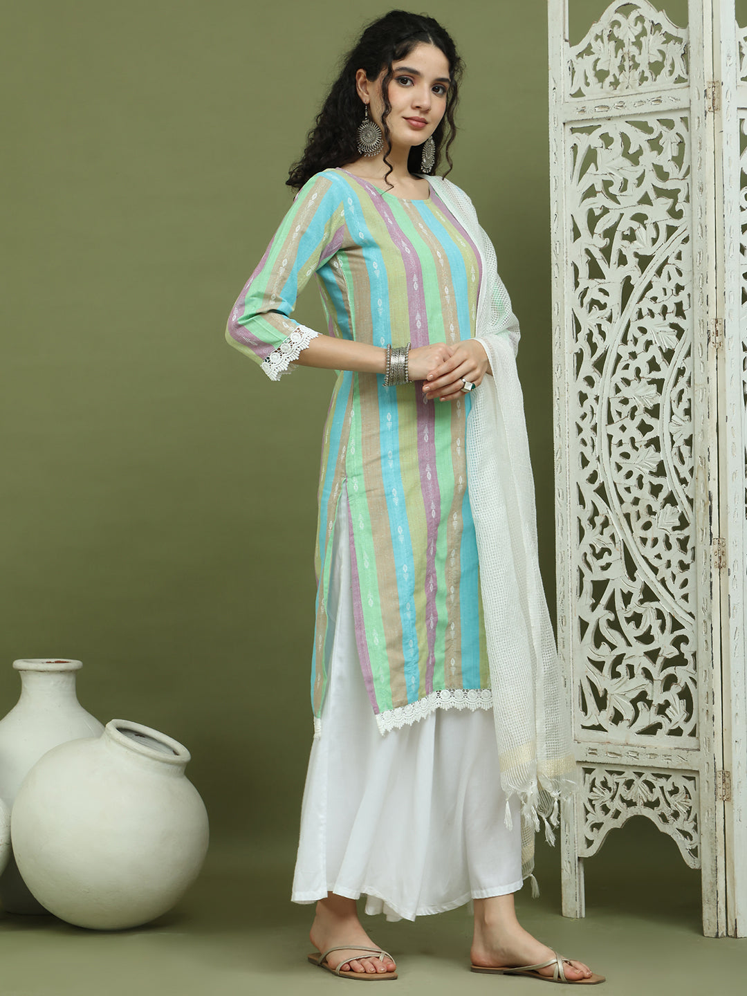 Lace Work, Woven Design straight Kurta Palazzo Dupatta Set ( JOKPL 2137W D31W 1589 Green )