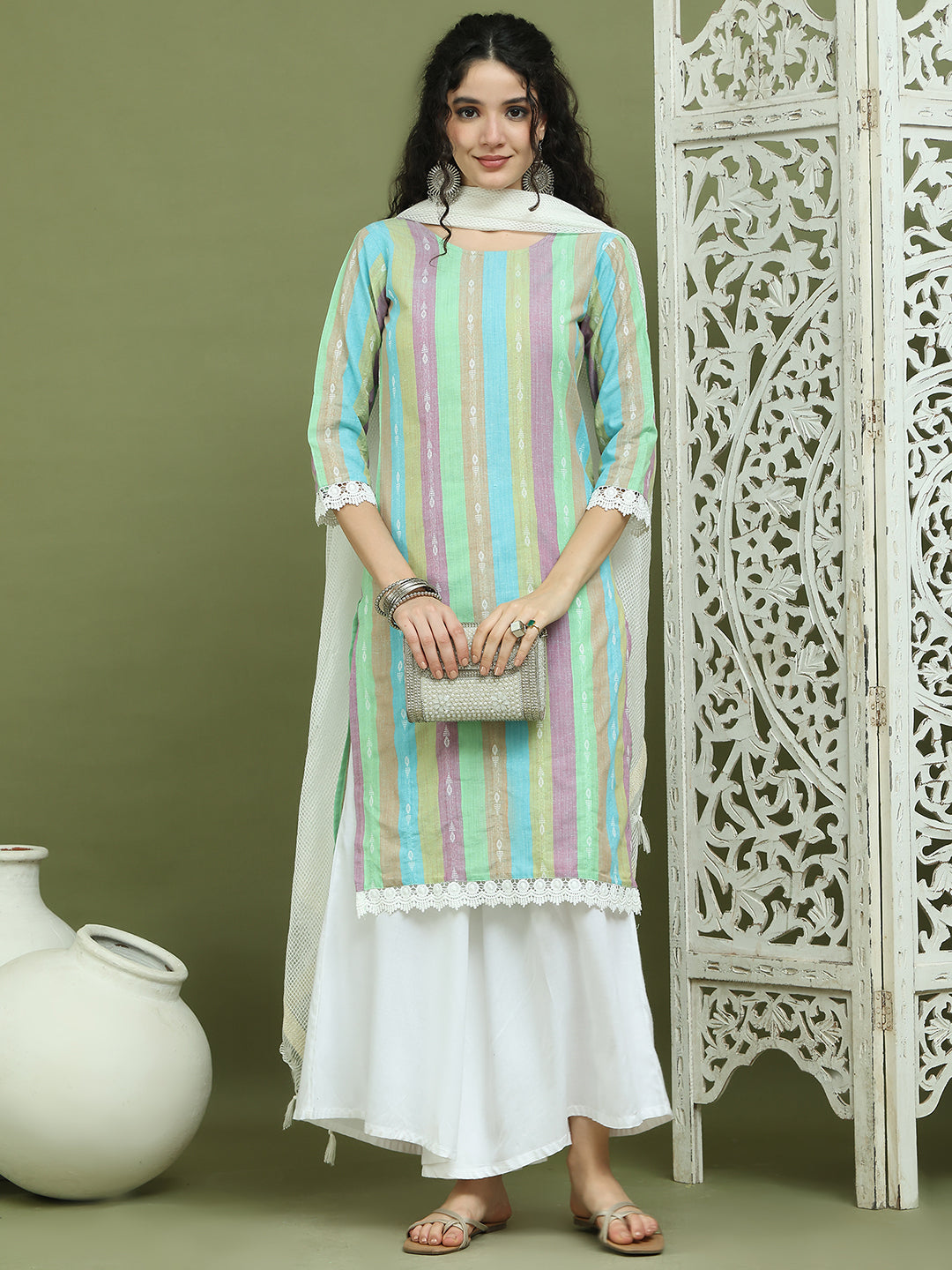 Lace Work, Woven Design straight Kurta Palazzo Dupatta Set ( JOKPL 2137W D31W 1589 Green )