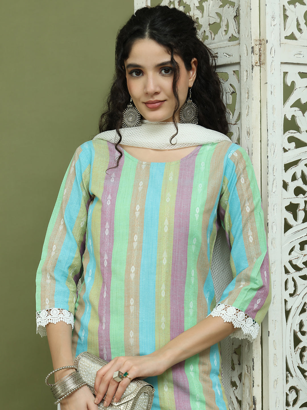 Lace Work, Woven Design straight Kurta Palazzo Dupatta Set ( JOKPL 2137W D31W 1589 Green )