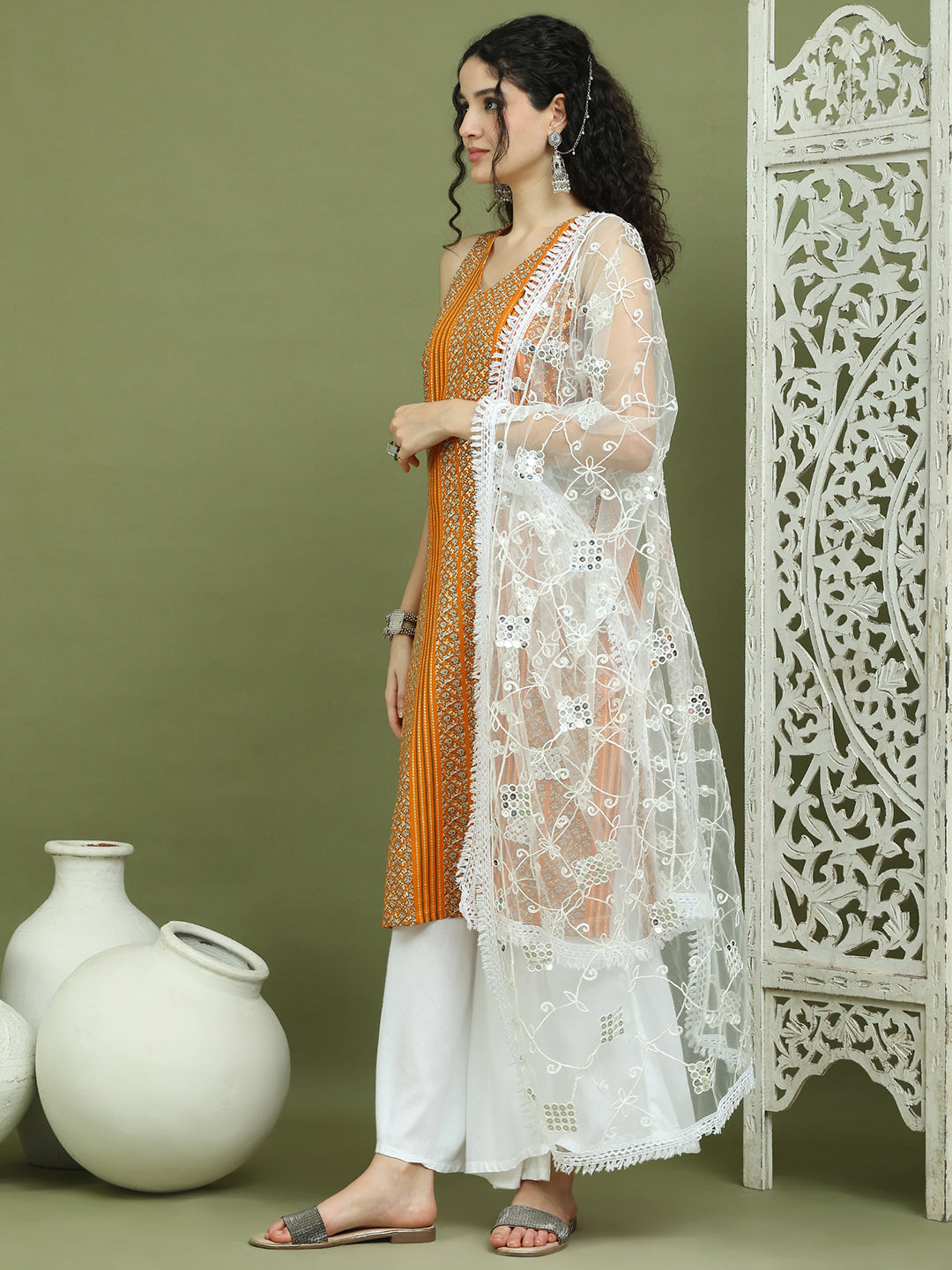 Foil Printed Rayon Kurta Palazzos & Dupatta for Women ( JOKPL 2137W D67W 1575 Yellow )