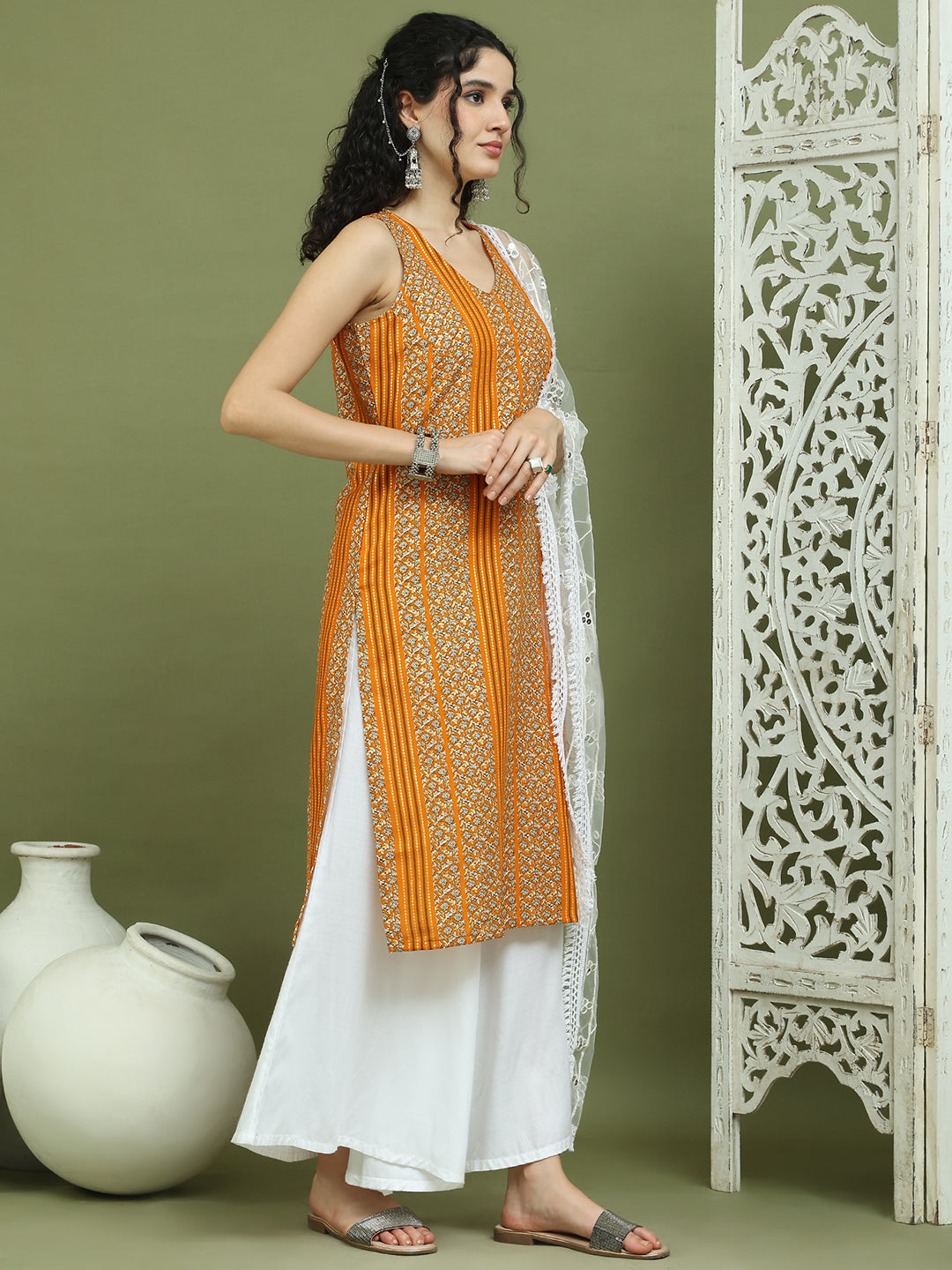 Foil Printed Rayon Kurta Palazzos & Dupatta for Women ( JOKPL 2137W D67W 1575 Yellow )