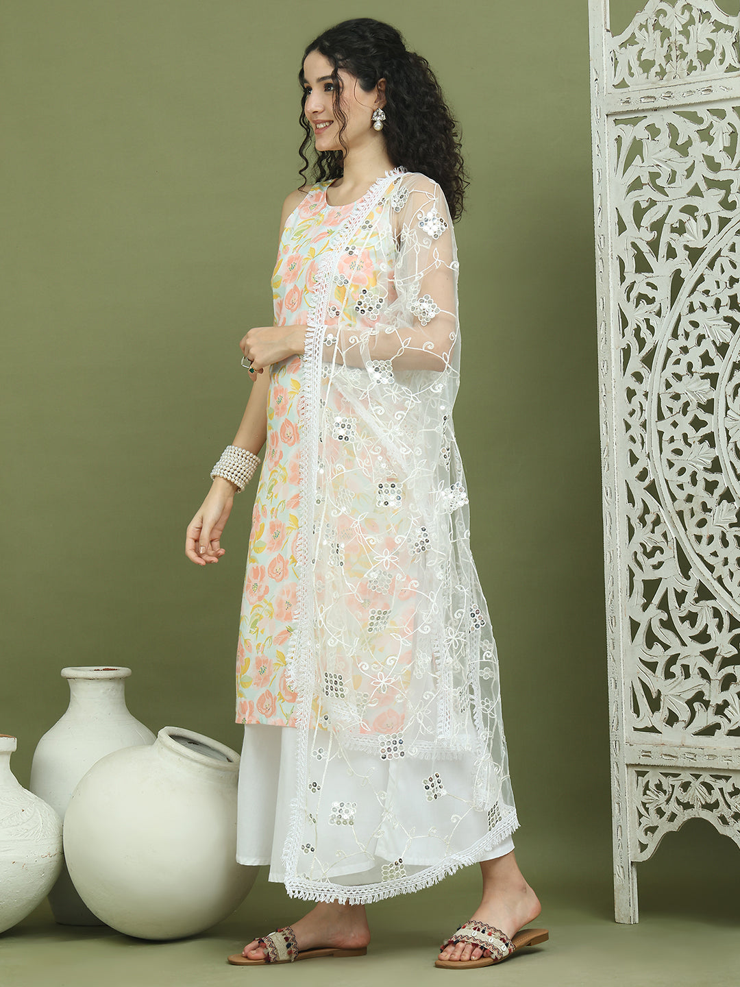 Printed Rayon Kurta Palazzo & Dupatta ( JOKPL 2137W D67W 1580 Sky )