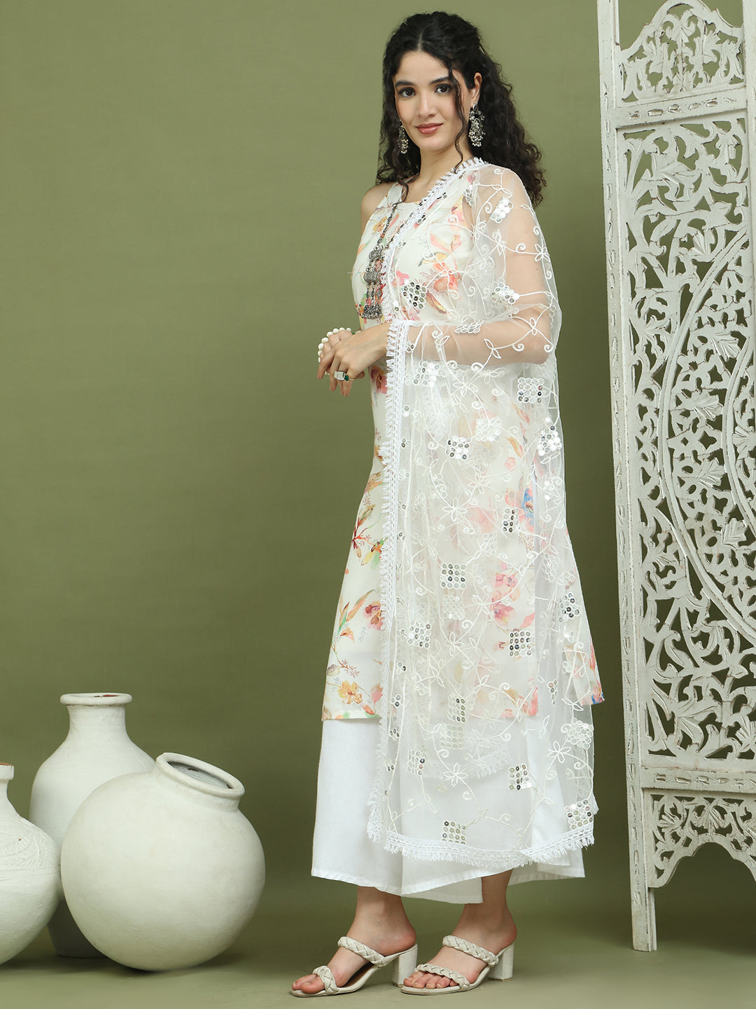 Printed Rayon Kurta Palazzo & Dupatta ( JOKPL 2137W D67W 1580 White )