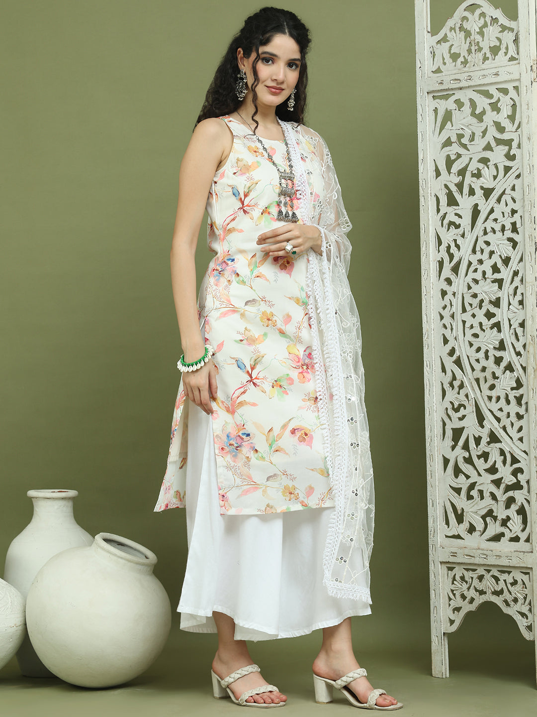 Printed Rayon Kurta Palazzo & Dupatta ( JOKPL 2137W D67W 1580 White )