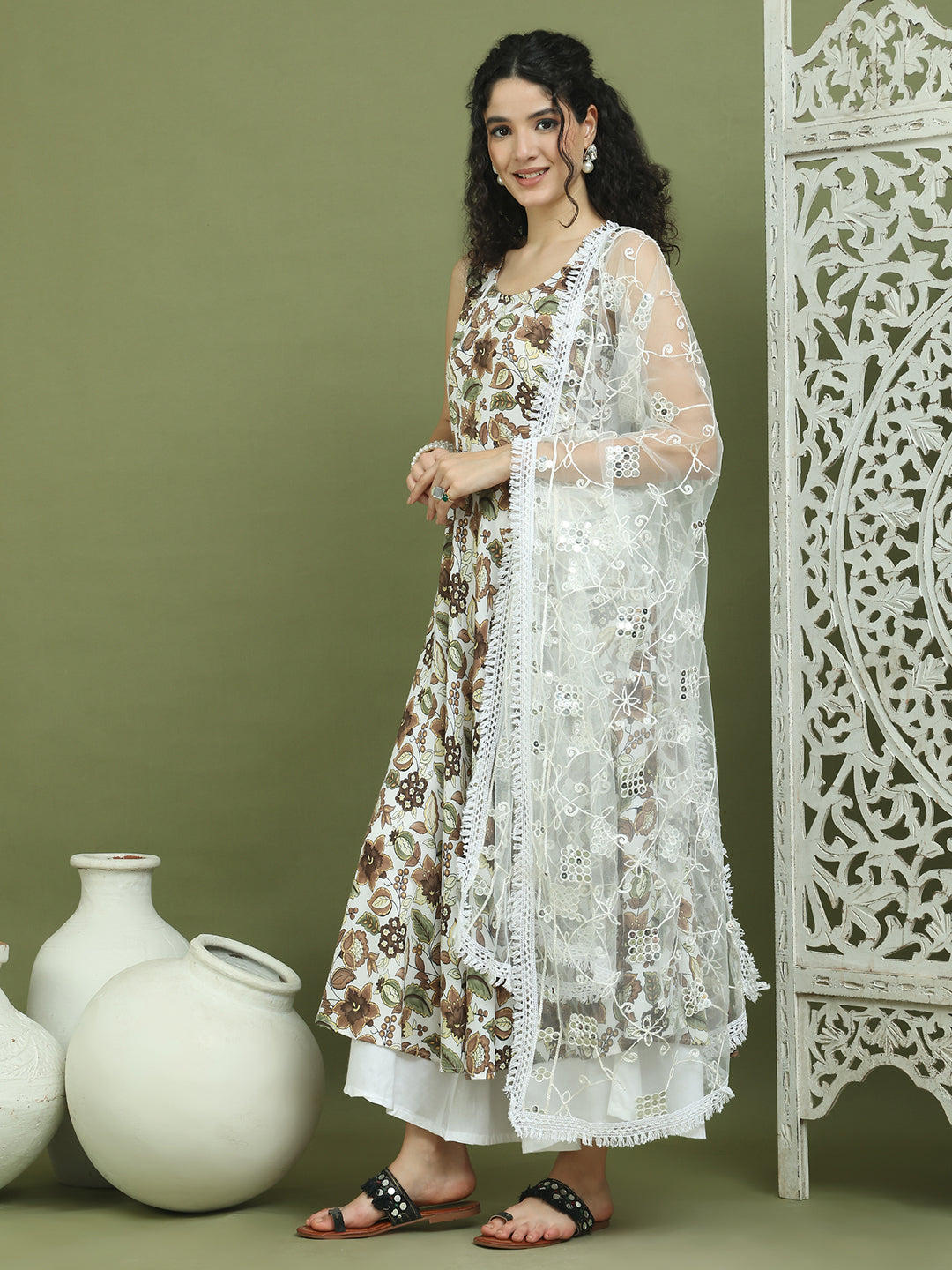 Foil Printed flared kurta pallazos With Dupatta ( JOKPL 2137W D67W 1581 Brown )