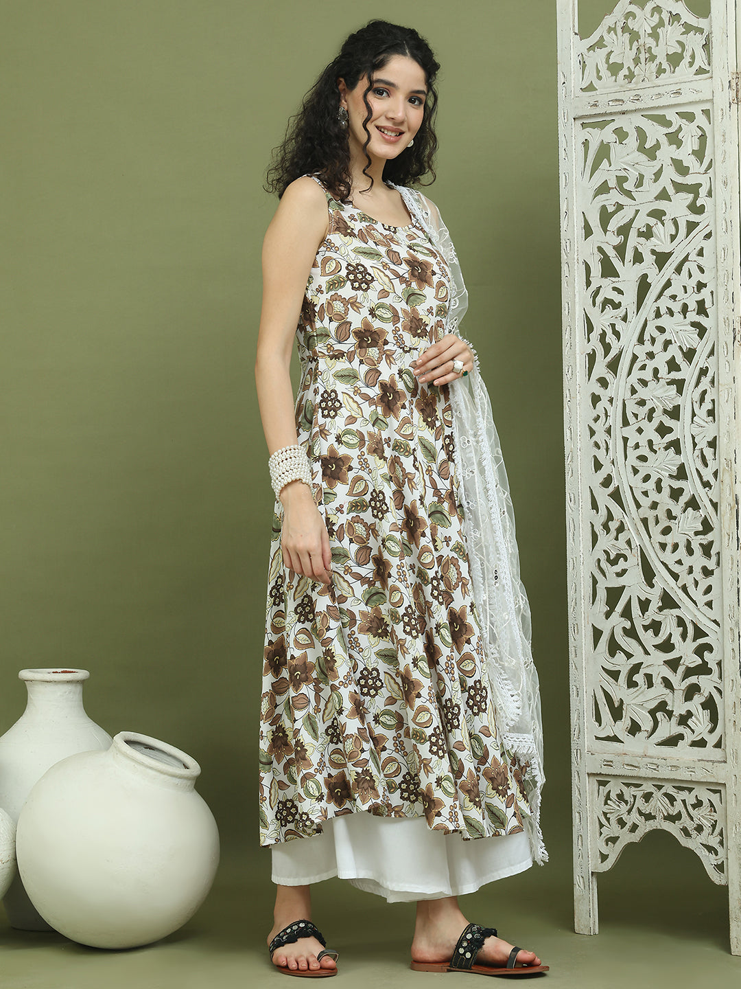 Foil Printed flared kurta pallazos With Dupatta ( JOKPL 2137W D67W 1581 Brown )