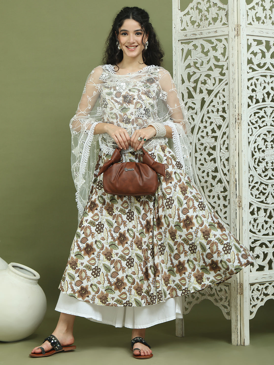 Foil Printed flared kurta pallazos With Dupatta ( JOKPL 2137W D67W 1581 Brown )