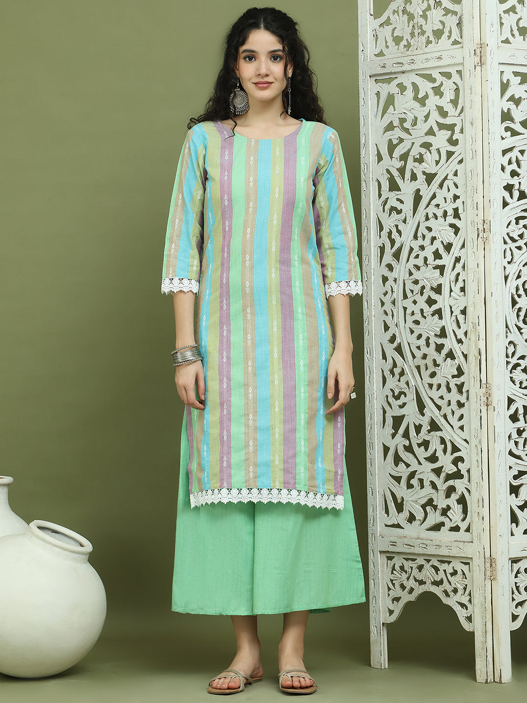 Lace Work, Woven Design straight Kurtas for Women ( JOK 1589 Green )